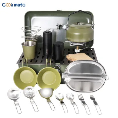 Camping Cooking Set with 900ml Pot, Camping Cookware Set for 2-3 Person, Camping Pot Pan Set with Wooden Board Folding Tableware