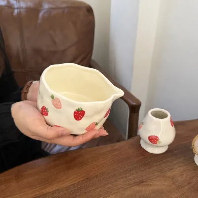 Handmade Hand Painted Strawberry Matcha Bowl Ceramic Tea Whisking Bowl with Spout for Japanese Tea Ceremony Home Use