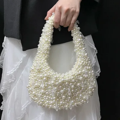 French Style Vintage Beaded Pearl Bucket Tote Evening Clutch Handbag for Banquets