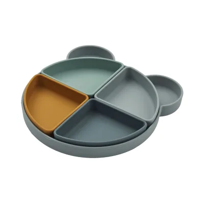 Silicone Divider Plate Kids Tableware, Silicone Baby and Toddler Bear Divider Plate, Silicone Divider Suction Plate Bowls