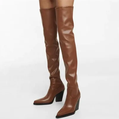 2021 Autumn Winter Popular Genuine Leather Boots Pointy Toe Thigh High Sexy Boots for Women Square High Heel Plus Size 46