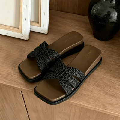XIXITIAO Hollow Square Toe Wedge Sandals Women PVC Faux Woven Outdoor Slipper Thick Sole One Band Slides for Seaside Holiday
