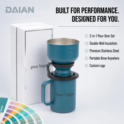 Wholesale Custom Logo 2-in-1 Pour-Over Coffee Set Double-Wall Insulated Stainless Steel BPA-Free Portable Leak-Proof OEM