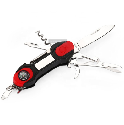 11-in-1 Stainless Steel Pocket Knife with LED Light Compass ABS Handle Multifunctional Survival Dark Forest Desert Plastic Blade