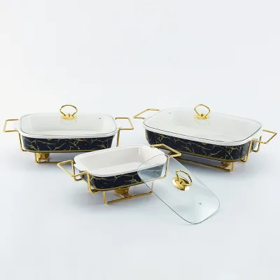 Wedding Party White Black Buffet Soup Pot Luxury Marble Ceramic Casserole Chafing Dish Set Food Warmer With Golden Rack