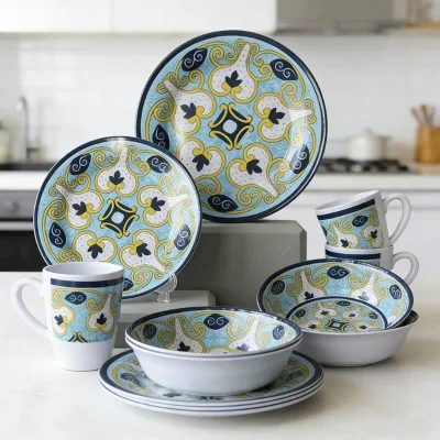 Wholesale Unbreakable Melamine Dinnerware Set Bohemian Moroccan Pattern Lightweight Tableware for Home Restaurant