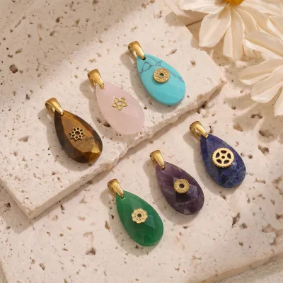 Dina Vintage Boho Style Teardrop Natural Stone Charms Stainless Steel DIY Handmade Necklace Jewelry Accessories Wholesale