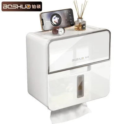 BOSHUO Luxury Nordic Style Drill-Free Wall-Mounted Waterproof Plastic Bathroom Tissue Box & Menstrual Pad Storage Shelf
