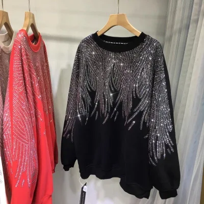 Extra Large Heavy Industry Sweatshirt Women Fleece-Lined Thickened Diamond Front Rear Full Casual Crew Sweatshirt