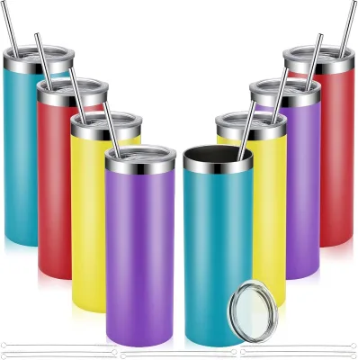 Stainless Steel Skinny Tumblers Bulk Straight Double Wall Powder Coated Insulated Lid Straw Leak-Proof Eco-Friendly Laser
