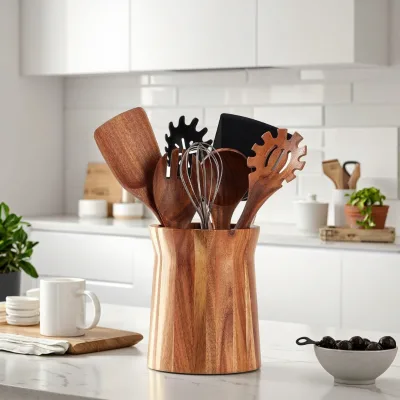 7.2\" Acacia Wood Utensil Holder 360° Rotating Kitchen Counter Crock for Large and Small Cooking Tools