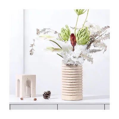 Classic Home Decoration Round Marble Vase Stylish Natural Travertine Stone Creative Flower Pot Ornament