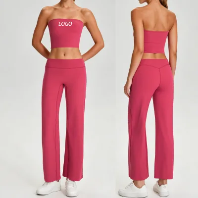 Women 2 Piece Yoga Workout Set Strapless Bandeau Tube Top & High Waist Straight Leg Yoga Pants