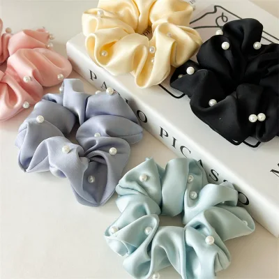 PL New Hair Accessory Candy Color Scrunchie with Pearl Hangings Satin Hair Scrunchies Goddess Hair Band for Ladies