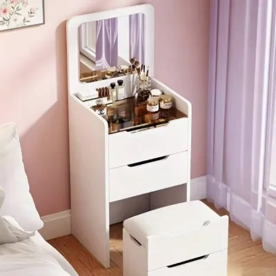 Classic Chinese Style Dressing Table with Arc Edge Mirror, Soft Padded Stool Set for Bedroom Home Decor