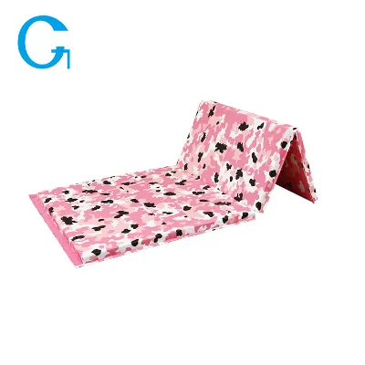 three panels folding gymnastics mat in pink waterproof cover for kids light stretching