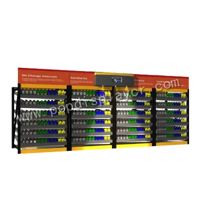 Custom Metal Floor Display Rack with Both Sides Display Powder Coated Customizable Size & Color for Lubricating Oil Bottles