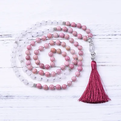 Healing Heart Mala 108 Gemstone Mala Beads Rhodochrosite Mala Necklace Tassel