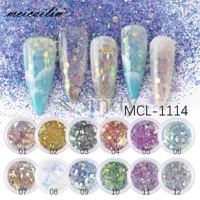 12 Colors Different Laser Shining Holographic Nail Sequins Glitter for Nail Nail Art Decoration Cartoon with Plastic Easy Apply