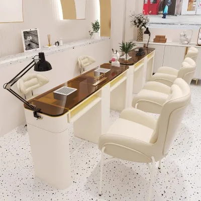Modern Two-Person Nail Salon Table Chair Set Cream Dedicated Wood Manicure Table Vacuum Cleaner Socket Dust Leakage Protection