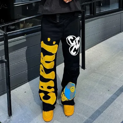 Vintage-style Embroidery Patch Heavyweight Corduroy High Waist Casual Sports Pants with pink Fluff Pattern for Men