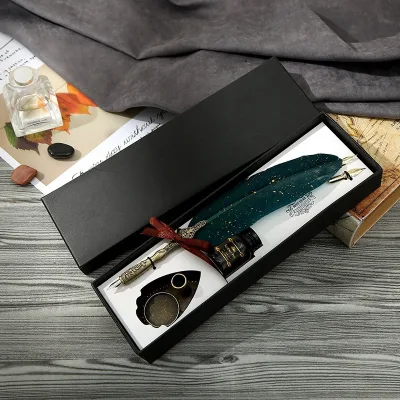 High Quality of Retro Classical Fountain Pen European Writing Ink Bottle Set English Calligraphy Stationery Feather with GiftBox