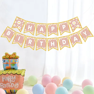 In-stock Fu Xin Small Daisy Happy Birthday Fish Tail Paper Banner Party Decoration with Digital Printing No Flagpole