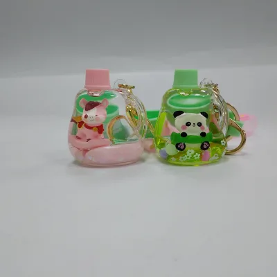 Cute Water Bottle Shape Custom Liquid Color Floater Shining Glitter UV Printed Cartoon Animal Panda Pig Acrylic Keychain