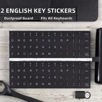 2 X English Plastic Dustproof Keyboard Stickers Universal Letter Replacement White Lettering Black Background for Computer