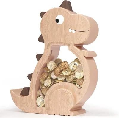 Transparent Dinosaur Wooden Piggy Bank Suitable for Children's Savings and Gift Decoration