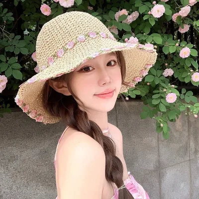 HY7 Portable Summer Folding Travel Beach Hat Striped Style Cowboy Hat for Outdoor Fishing Casual Scenes With Plain Pattern