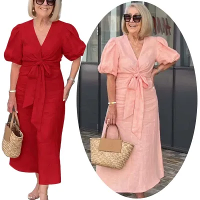 Plus Size Womens Cotton Linen Puff Sleeve Maxi Dresses Elegant Bow Tie Sundress 5XL Evening Gown Party Outfits Summer Dress