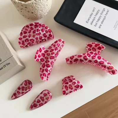 New Korean Sweet Elegant Daily Use Back Head Hair Clip Simple Hair Pink Leopard Print Shark Clip Plastic Hair Claw for Women