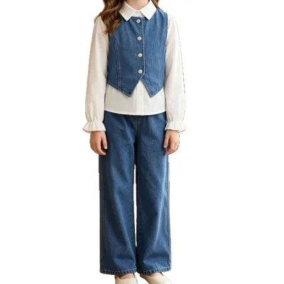 Retro College Style Girls' Denim Three-piece Set Long Sleeve Shirt Vest Wide-leg Pants Middle Big Kids' Everyday Korean Suit