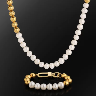 KRKC Luxury Genuine Golden Barock Pearl Charm Whitening 14k Gold Plated Beauty Cream Big Chain Necklace Real Pearl Jewelry Set