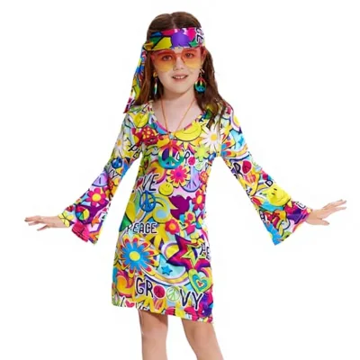 Kids Hippie Costume 60s 70s Retro Dress with Headband & Accessories, Girls Peace Love Groovy Outfit for Halloween Cosplay