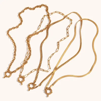 Wholesale Fashion 18K Gold-plated Spring Buckle Blade Paper Clip Herringbone Chain Necklace Stainless Steel Link Chains Necklace