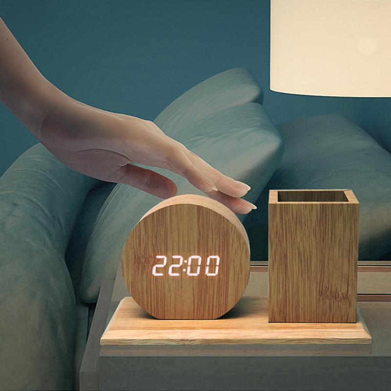 Multifunctional Wooden Pen Holder, Desk With Digital Led Alarm Clock Fabrication Services Product/