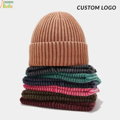 Garment Washed Ribbed Knit Beanie Distressed Hat Brushed Chunky Knit Cuffed Skull Cap Solid Color Warm Winter Custom Logo