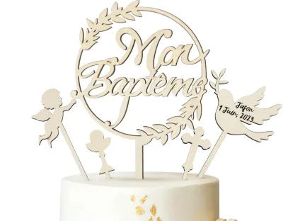 Handmade Wooden Baptism Cake Topper 20cm 'Mon Baptme' (My Baptism) with Angel Dove & Cross Design for Boy or Girl