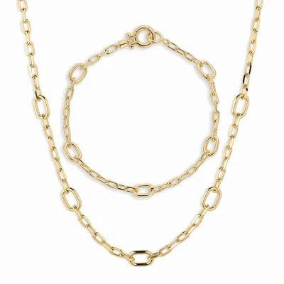 Gemnel 925 Silver Alternating Oval Link Paperclip Chain Necklace Bracelet Set Detachable Charm Fine Jewelry for Women