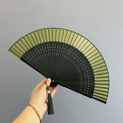 Vintage Chinese Folding Bamboo Handheld Fan Tassel Handmade Green Fan (21.5x39.5cm) for Oriental Wedding Decor Party Photoshoot