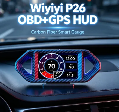 Wiiyii P26 Car HUD Head Display Simulated Carbon Fiber OBD+GPS Smart Gauge Multi-Language Universal Digital Display
