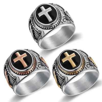 Hot Sale 316 Surgical Stainless Steel Rose Gold Plated Men Catholic Signet Praying Hands Cross Finger Ring