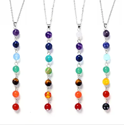 Chakra Necklace Natural Stone Amethyst Crystal Necklace 7 Chakras Pendant Sweater Necklace