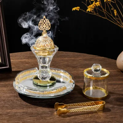 Holy Flight Golden Electroplated Glass Plate Incense Burner Set Arab-Style Crystal Censer Middle Eastern Spice Bottle Ornament