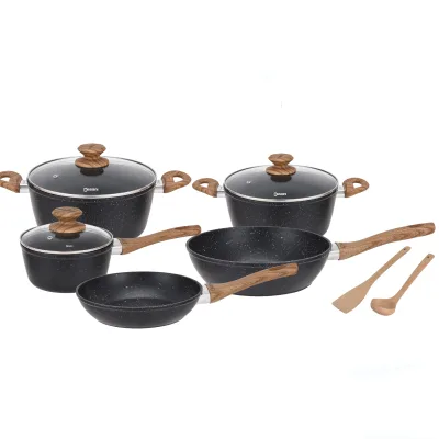 10pcs Cooking Pots and Pans Marble Cookware Set with Wood Tools