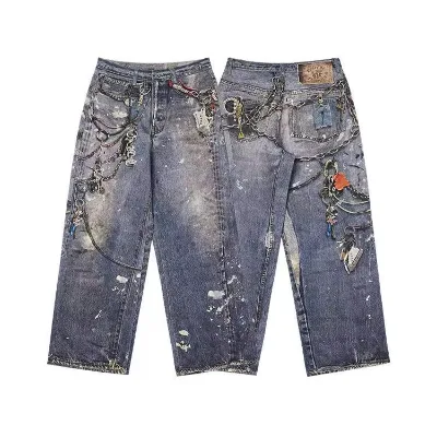 Y2K Vintage Streetwear Baggy Jeans High 3D Digital Print Washed Denim Effect Trompe L'oeil Key Chain Loose Wide Leg Men Women