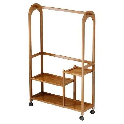 Free Standing Bamboo Folding Clothes Rack with Wheel Multifunctional Storage Organizer for Bedroom Living Room