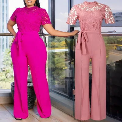 Womens Black Lace Party Jumpsuits Oversized Overalls Office Lady Plus Size Rompers Elegant Bridal Evening Wear Wedding Pantsuit